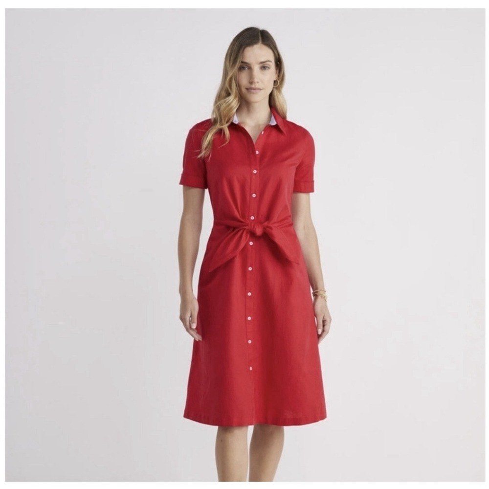 Vineyard Vines Westerly Tie Front Red Linen Blend Shirt Dress Casual 6 Old Money